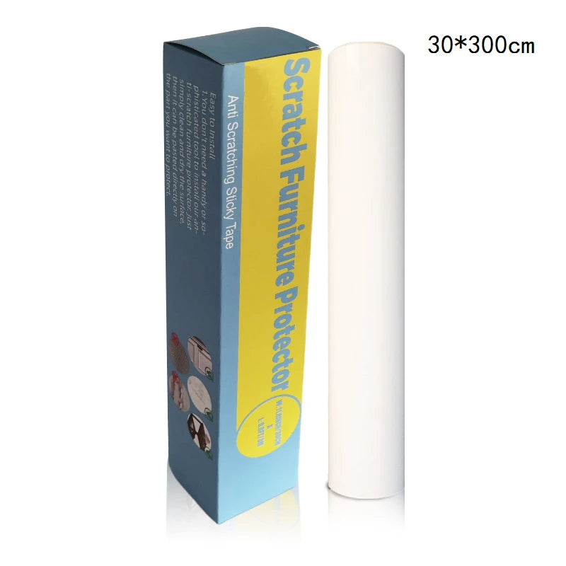 Clear PVC anti-scratch tape showing its residue-free and non-toxic properties.