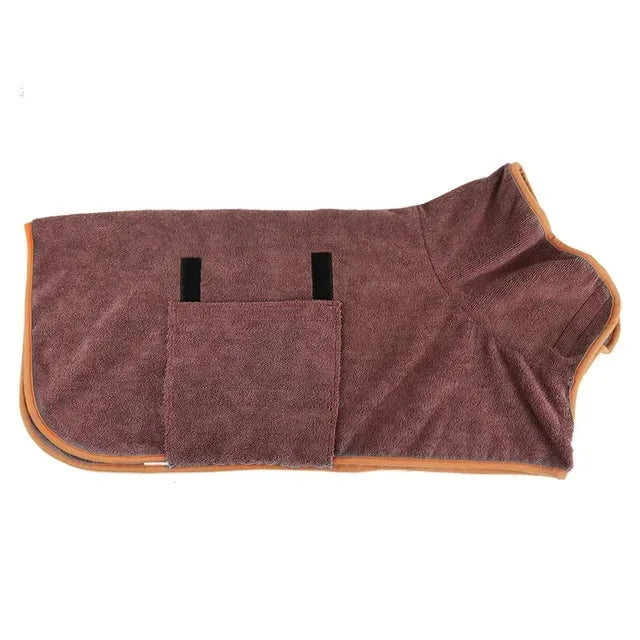 Brown microfiber dog bathrobe designed to absorb water quickly after baths or outdoor activities