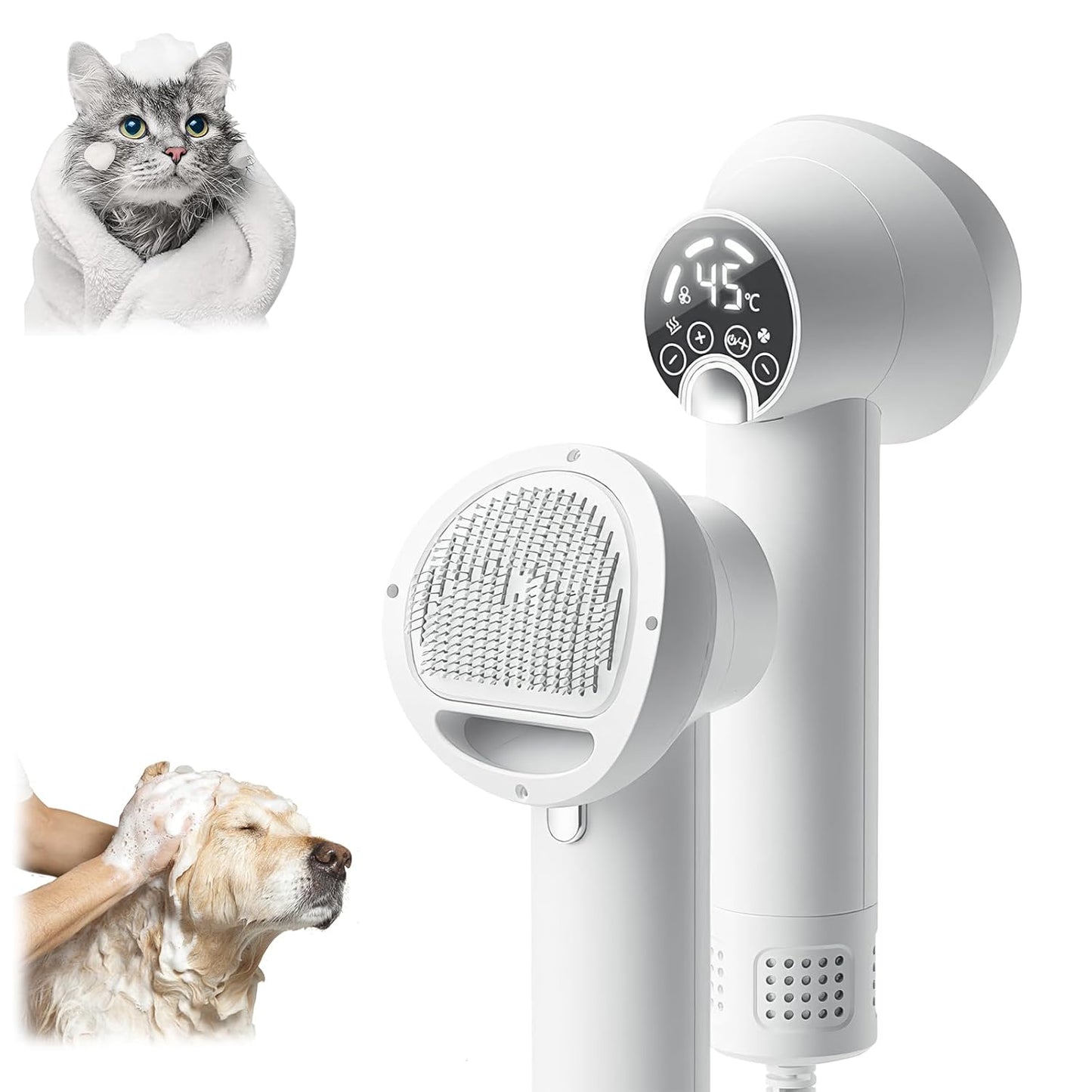 Elegant purple version of the 2-in-1 pet hair dryer and comb for smooth, shiny fur.