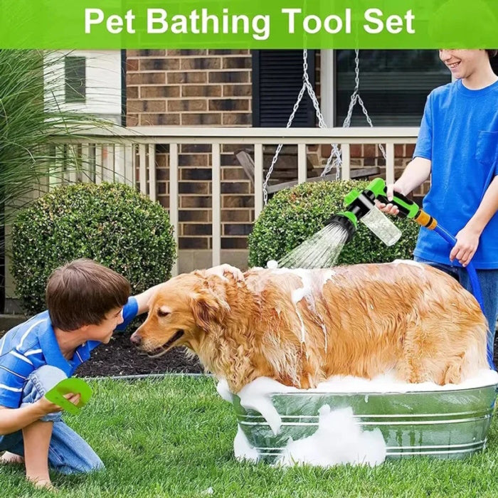 Pet bathing tool set with soap dispenser nozzle and hose attachment