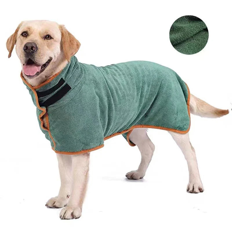 Quick-drying dog bathrobe with orange trim, perfect for post-bath grooming.