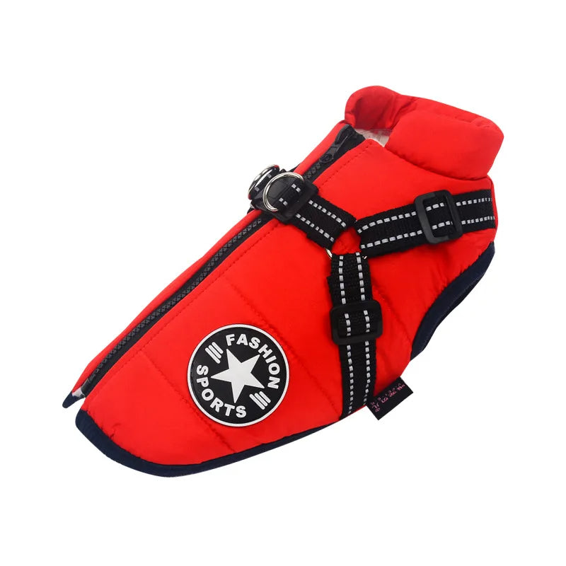 A vibrant red pet dog jacket featuring a built-in harness for added comfort and style.