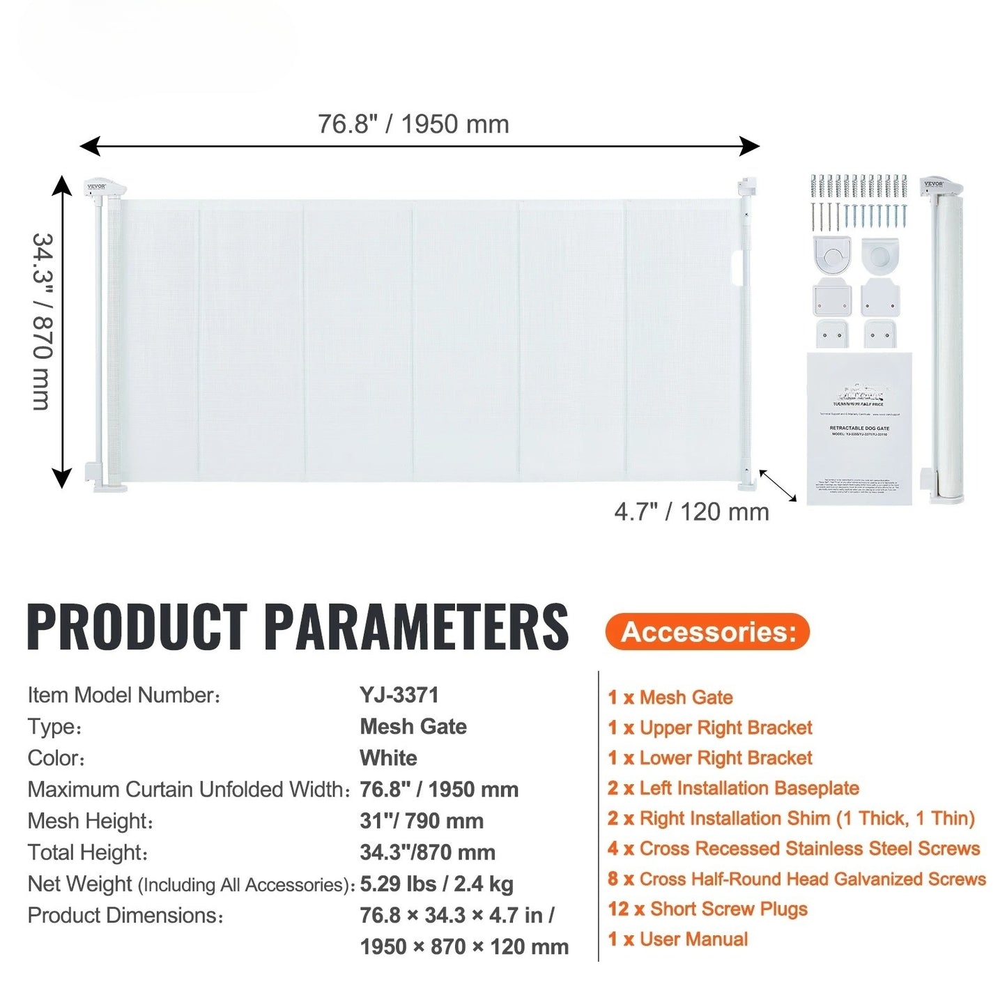 Durable retractable dog gate built to withstand pet activity.