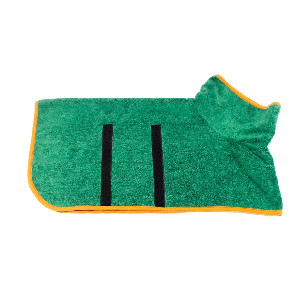 Dog bathrobe used for grooming and keeping a pet warm after a swim.