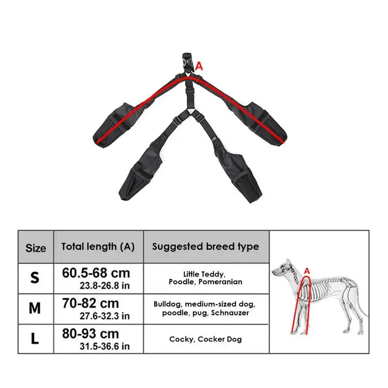 Size chart and measurement guide for adjustable dog boots showing total length and suggested dog breeds