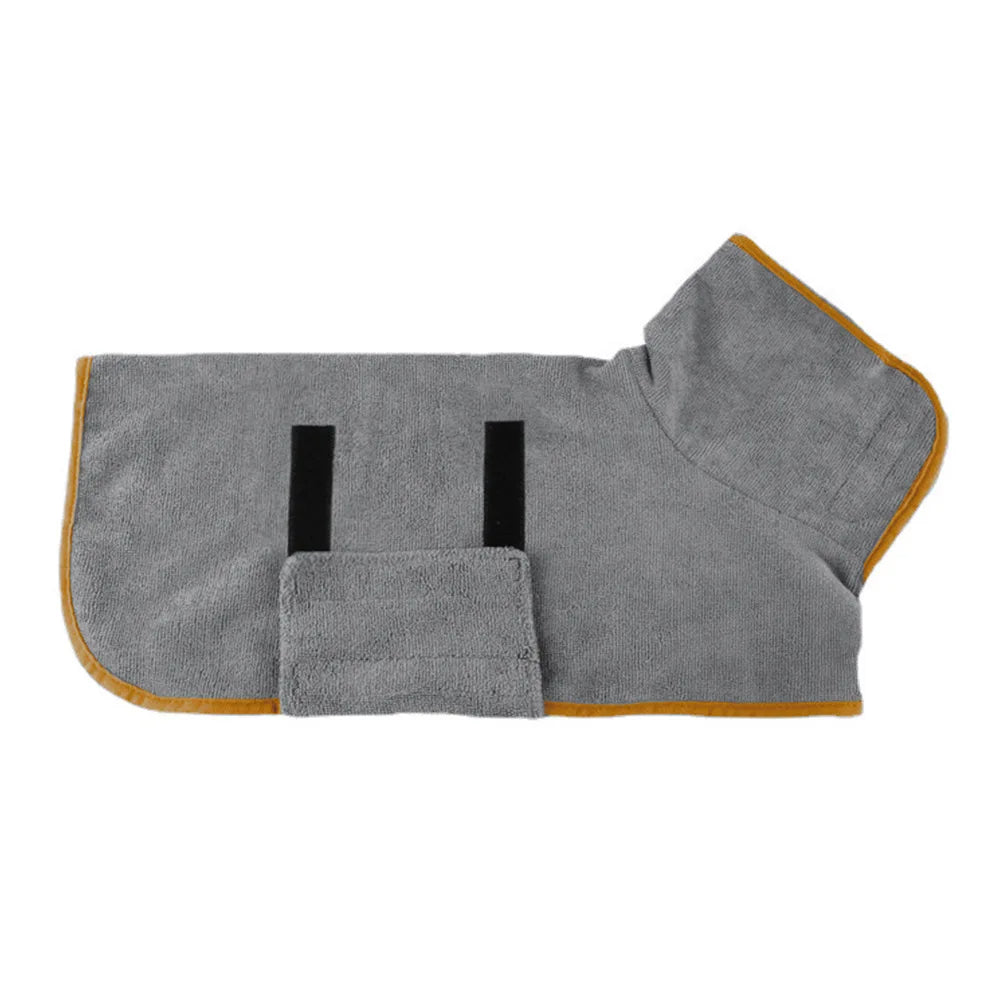 Large breed dog comfortably wrapped in a microfiber dog bathrobe.