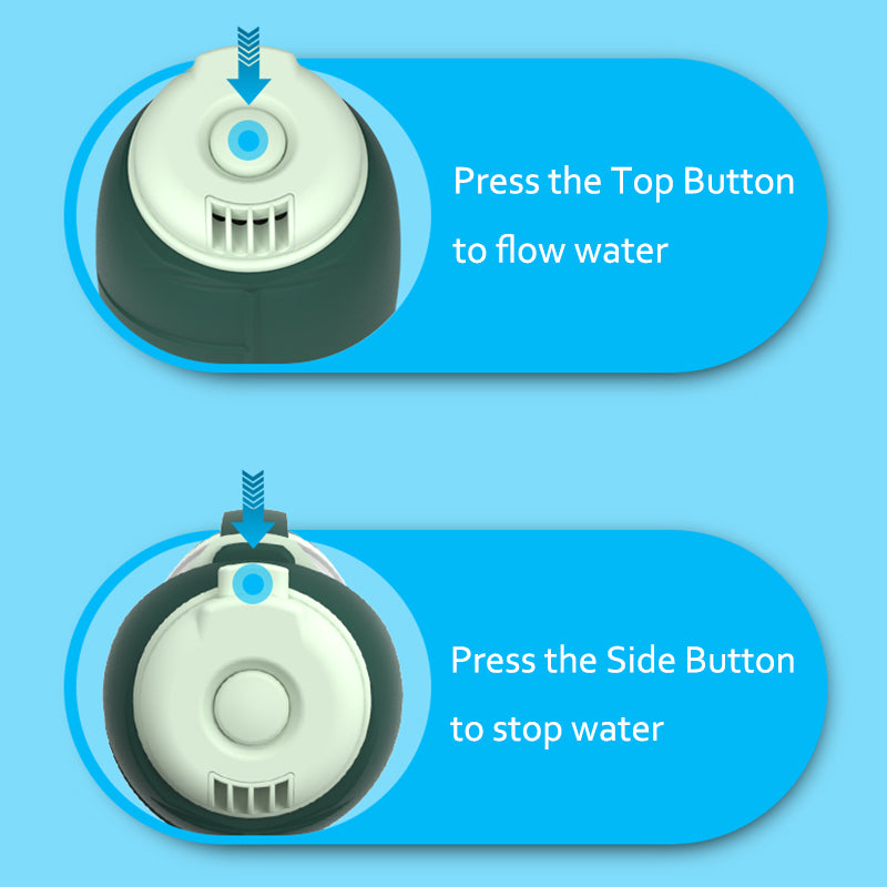 Portable pet water bottle with buttons to control water flow