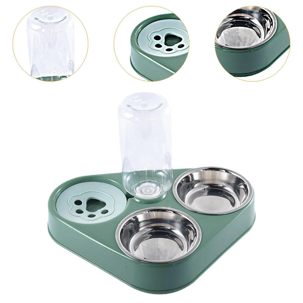 Details of 3 in 1 pet feeder including water bottle and stainless steel bowl