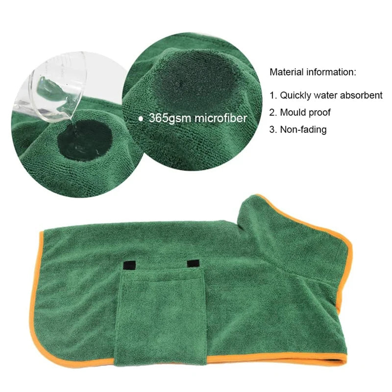 Super absorbent 365gsm microfiber dog bathrobe showing fast water absorption, non-fading and mould resistant material
