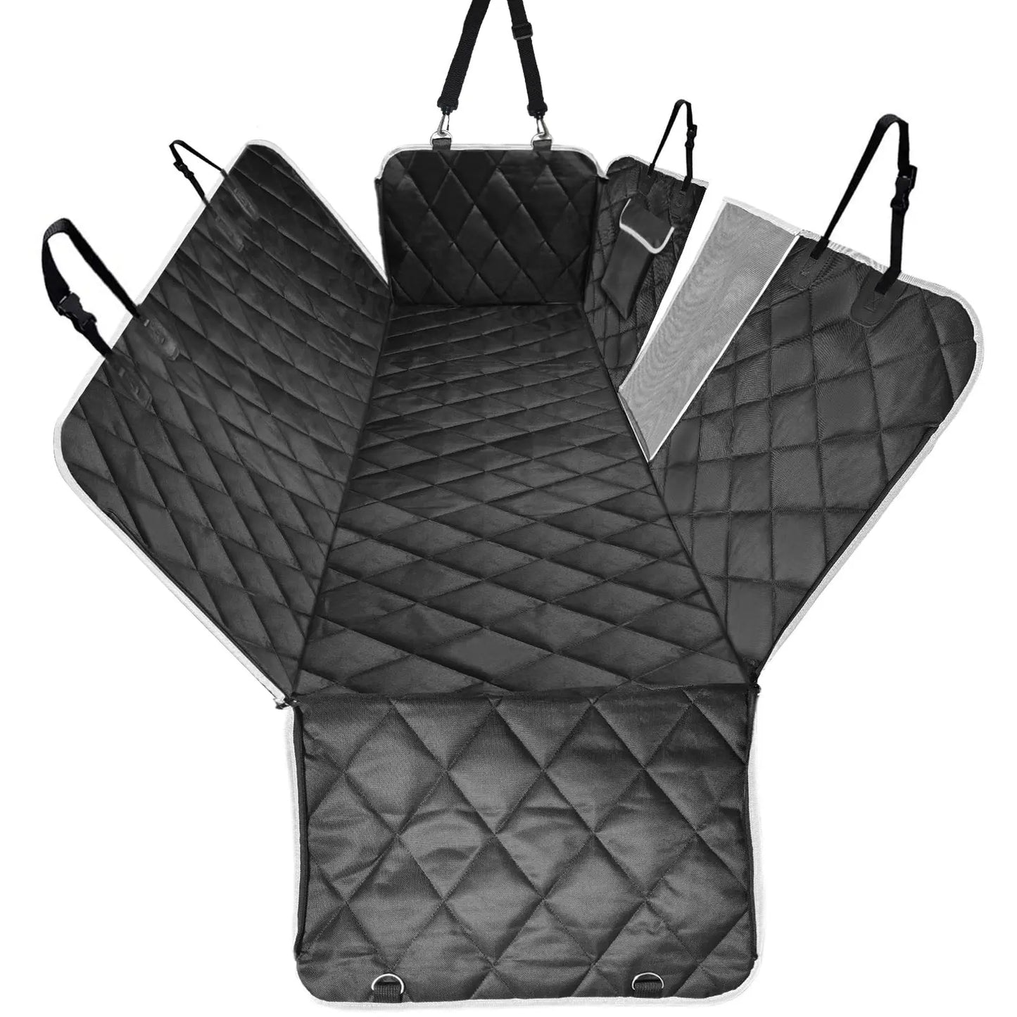 Back seat dog cover with raised side walls and quilted waterproof surface, designed to protect seats from dog movement and scratches.