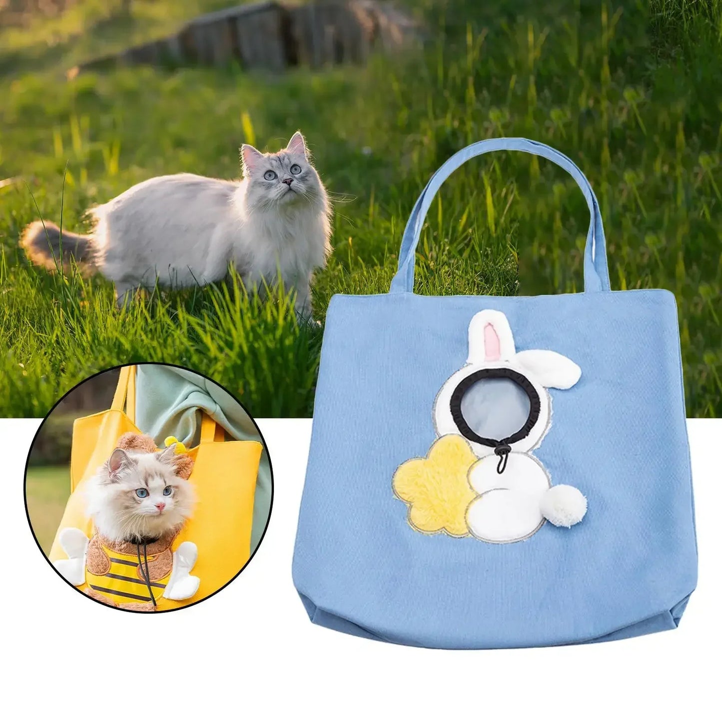 Stylish Bee Cat Carrier Bag in blue with a cute bunny design, perfect for carrying your cat outdoors.