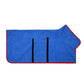 Blue microfiber dog bathrobe laid flat, designed for fast drying and comfortable fit