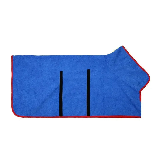 Blue microfiber dog bathrobe laid flat, designed for fast drying and comfortable fit