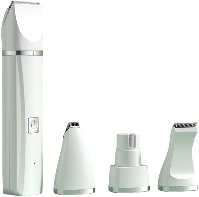 Cordless electric dog clippers with multiple grooming heads for trimming paws, face, and body