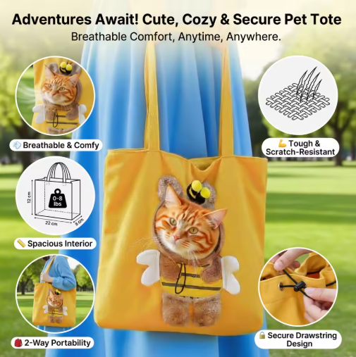 Yellow bee design pet carrier tote with breathable opening, scratch-resistant canvas, spacious interior, and secure drawstring closure
