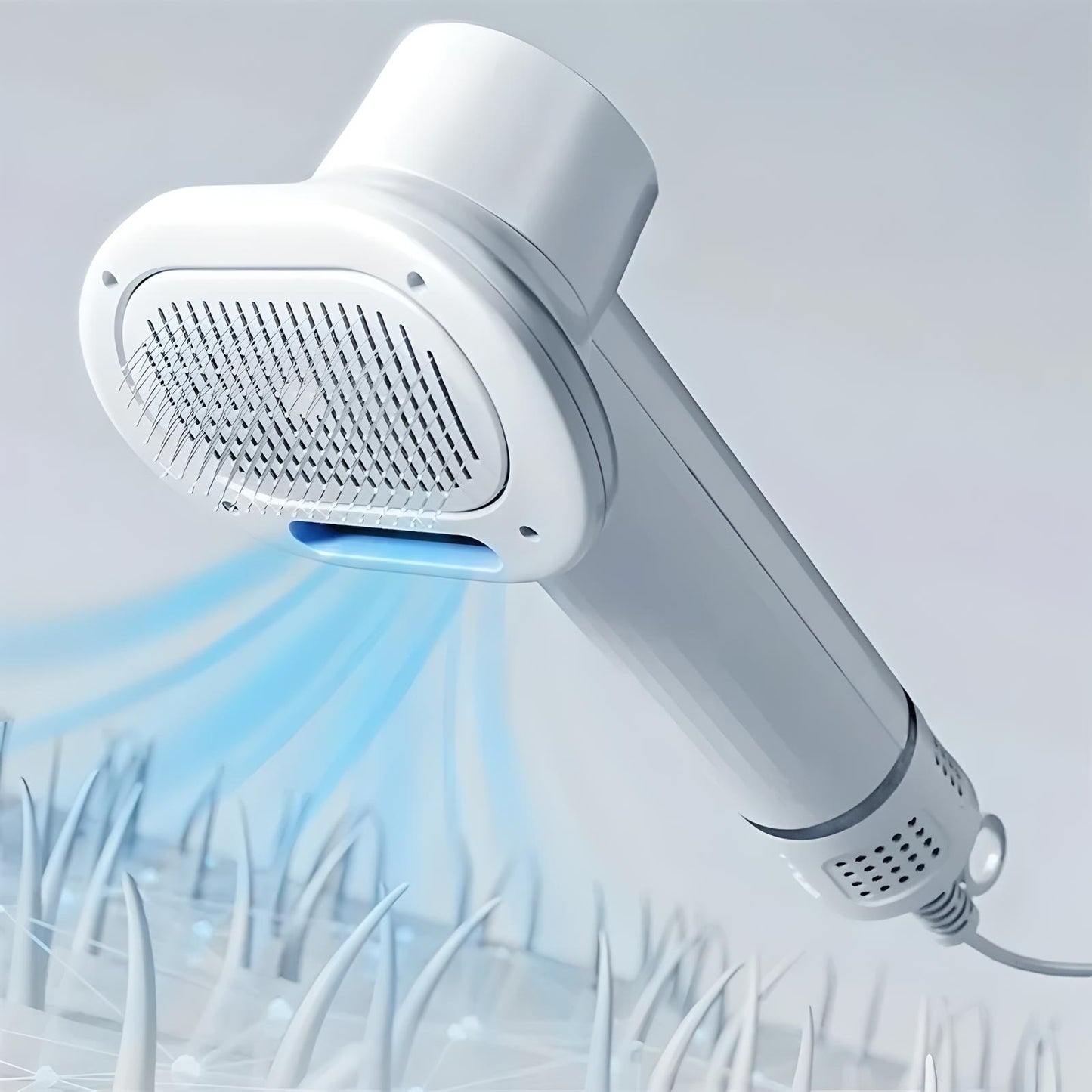 Close-up of pet hair dryer brush showing direct airflow reaching the coat
