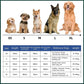 Dog bathrobe size chart showing XS to XL sizes with weight ranges from 6 to 90 kg and breed size comparison