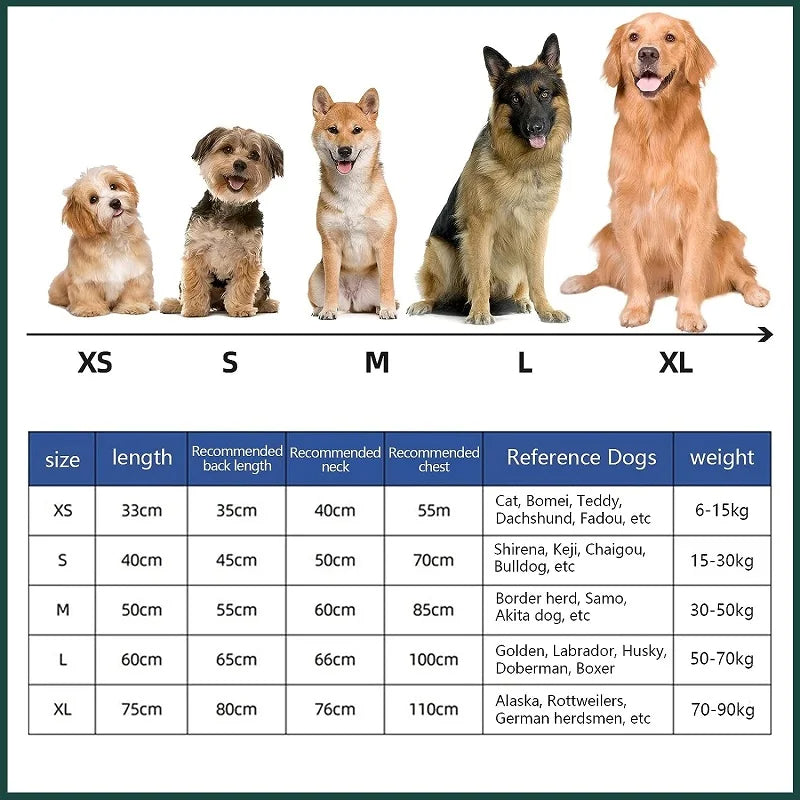 Dog bathrobe size chart showing XS to XL sizes with weight ranges from 6 to 90 kg and breed size comparison