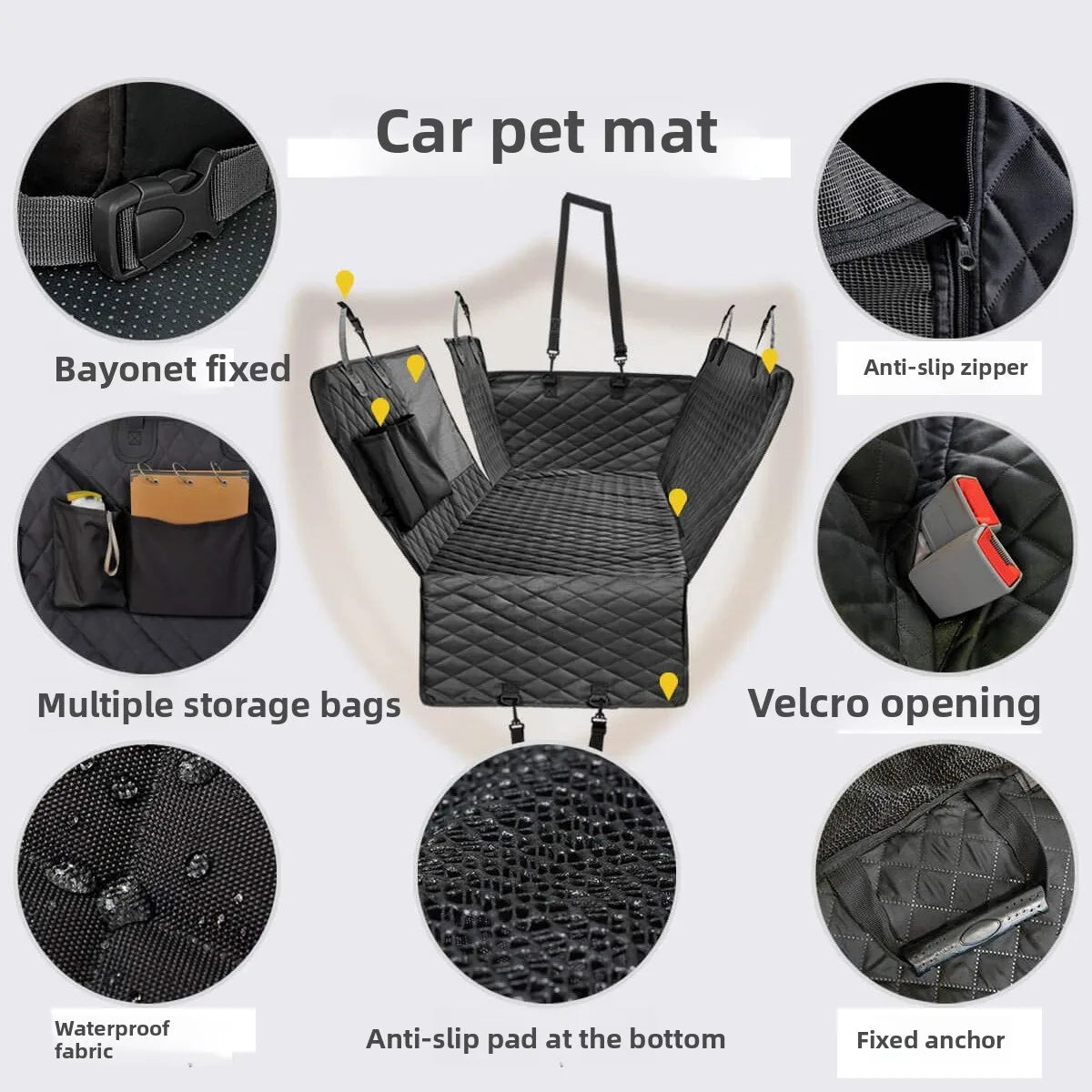 Dog car seat cover showing waterproof fabric, anti-slip bottom, seat anchors, zippers, velcro openings, and multiple storage compartments.