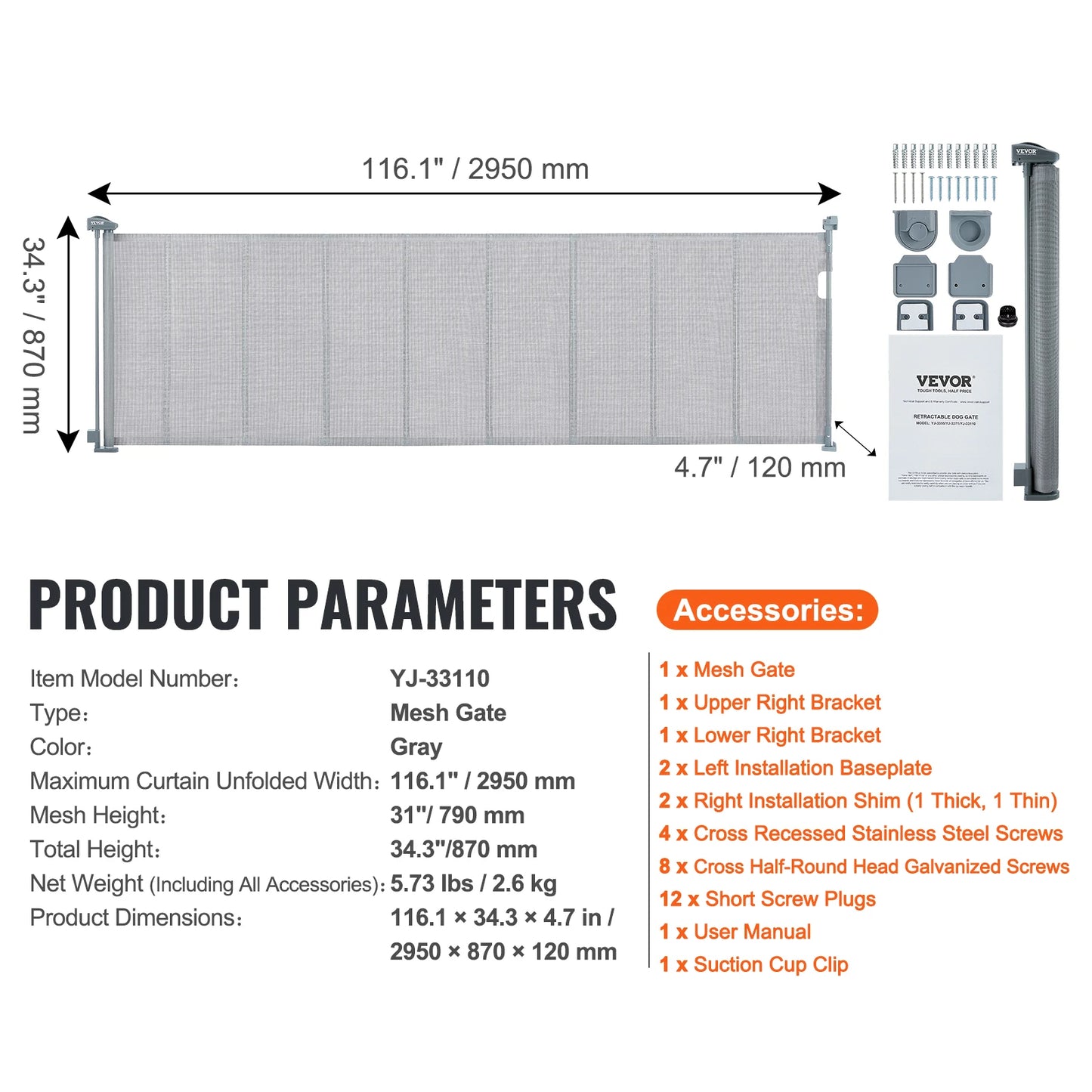 Retractable dog gate securing stairways and doorways to keep pets safe.