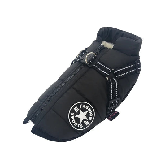 Black dog harness jacket with zip closure