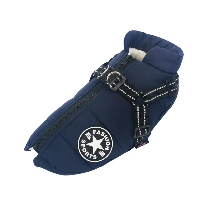 Navy blue dog harness jacket with zip closure, reflective adjustable straps, and built-in harness for daily walks