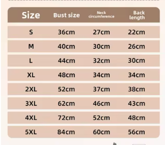 Dog harness jacket size chart showing chest (bust), neck circumference, and back length measurements for sizes S to 5XL in centimeters