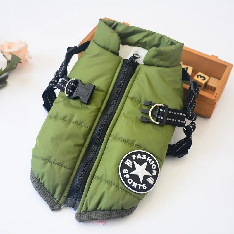 Green dog harness jacket with zip closure, adjustable straps, and built-in leash attachment for cold-weather walks