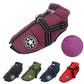Waterproof dog harness jacket with zip closure, reflective adjustable straps, and built-in leash attachment, shown in multiple color options
