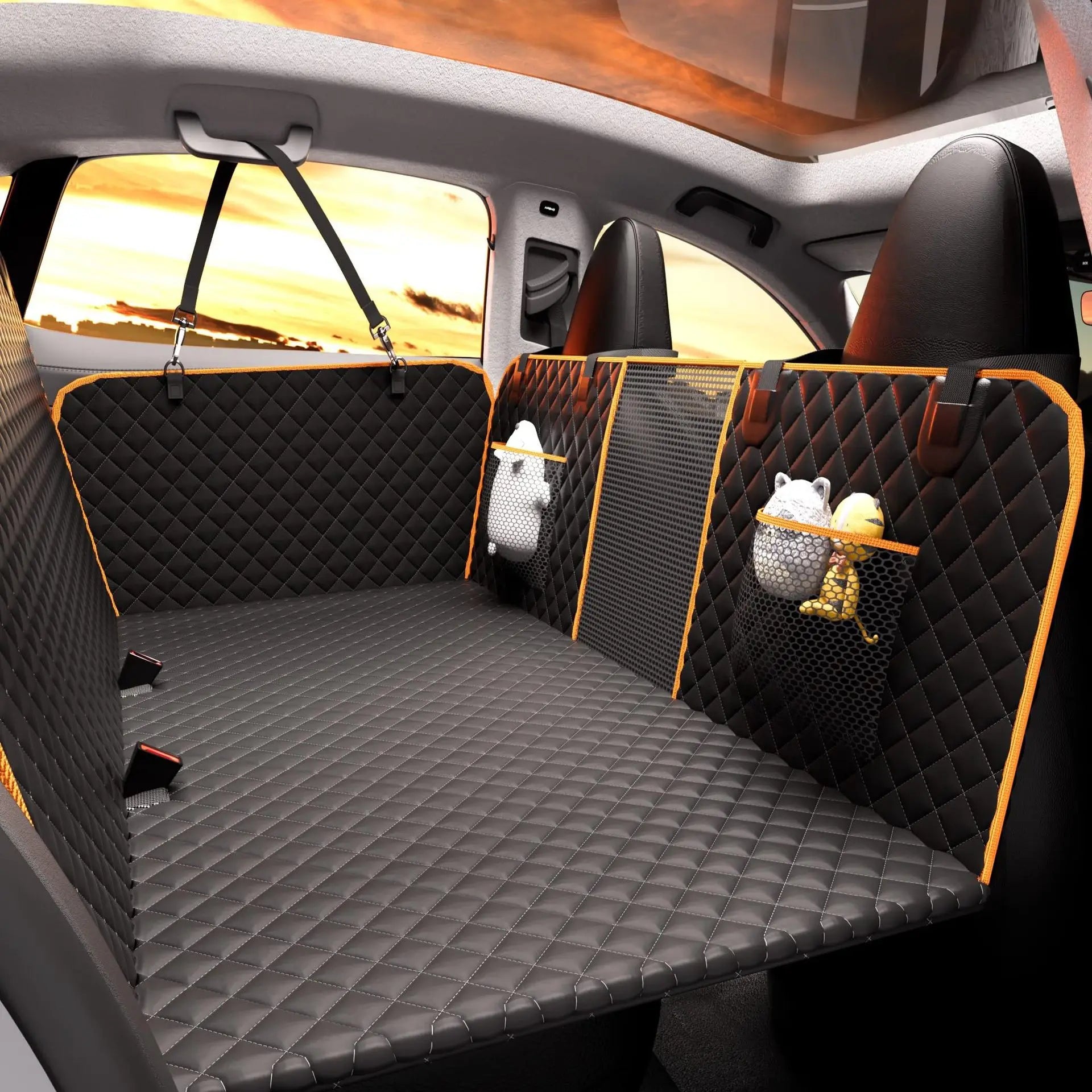 Dog car seat cover with extended side panels and multiple storage pockets, protecting back seats and doors from dirt, scratches, and dog hair.
