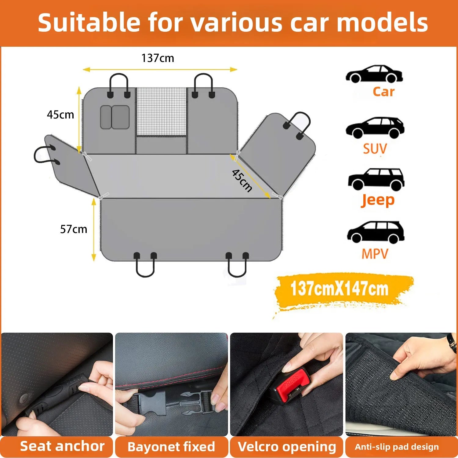 Dog car seat cover size diagram showing 137 × 147 cm dimensions, side flap measurements, and compatibility with cars, SUVs, jeeps, and MPVs.