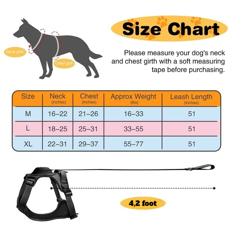 Strong and durable harness with a retractable leash attached for medium to large dogs.