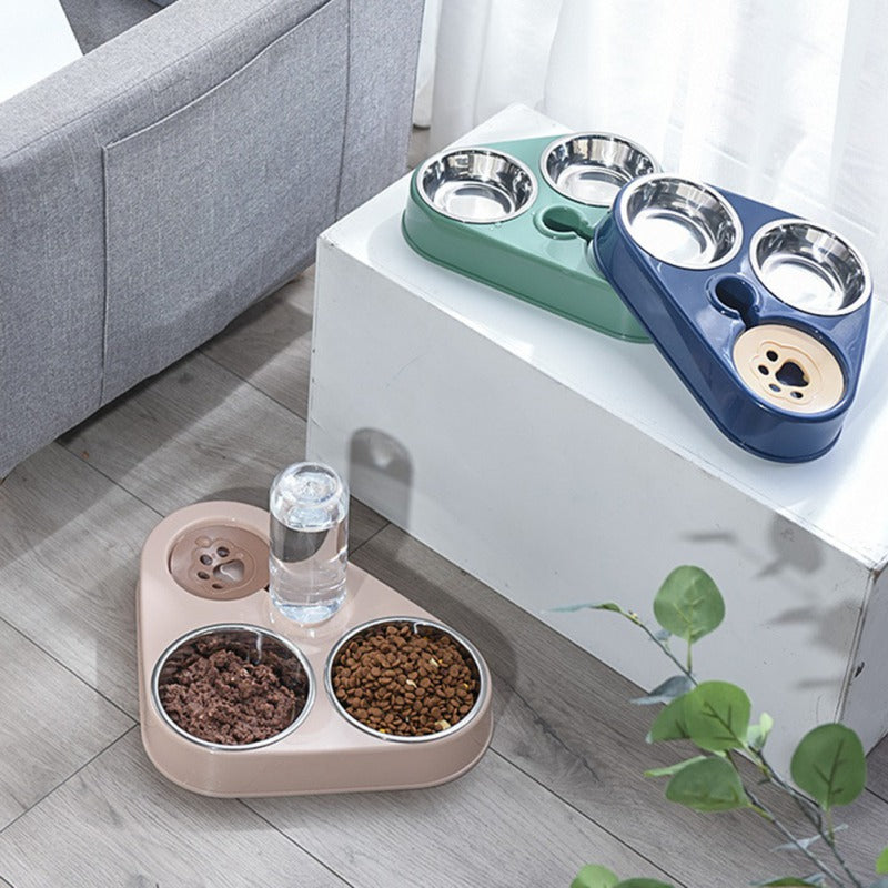 Sturdy pet feeder with high-quality stainless steel bowls and a transparent water bottle.