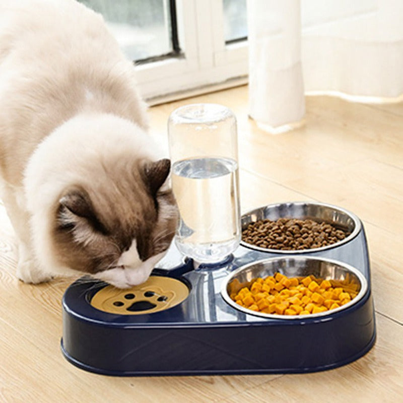 Pet feeder designed with a water bottle and dual food bowls for convenient feeding and hydration.