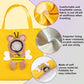 Yellow bag with a plush bee toy and fabric details on a purple background