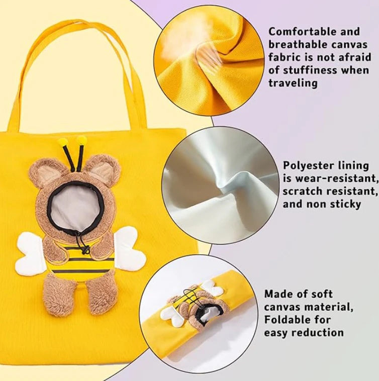 Yellow bag with a plush bee toy and fabric details on a purple background