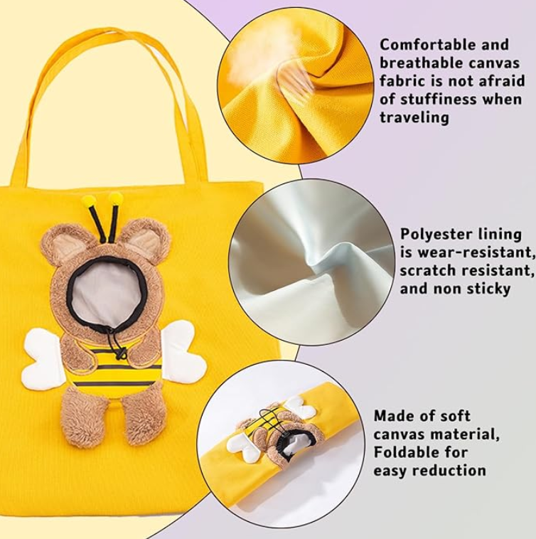 Close-up of pet carrier bag materials showing breathable canvas fabric, soft polyester lining, scratch-resistant surface, and foldable design