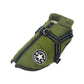 Durable green dog jacket with reflective straps for safety during evening walks.