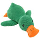 Green plush squeaky duck toy made from textured fabric for interactive pet play and chewing.