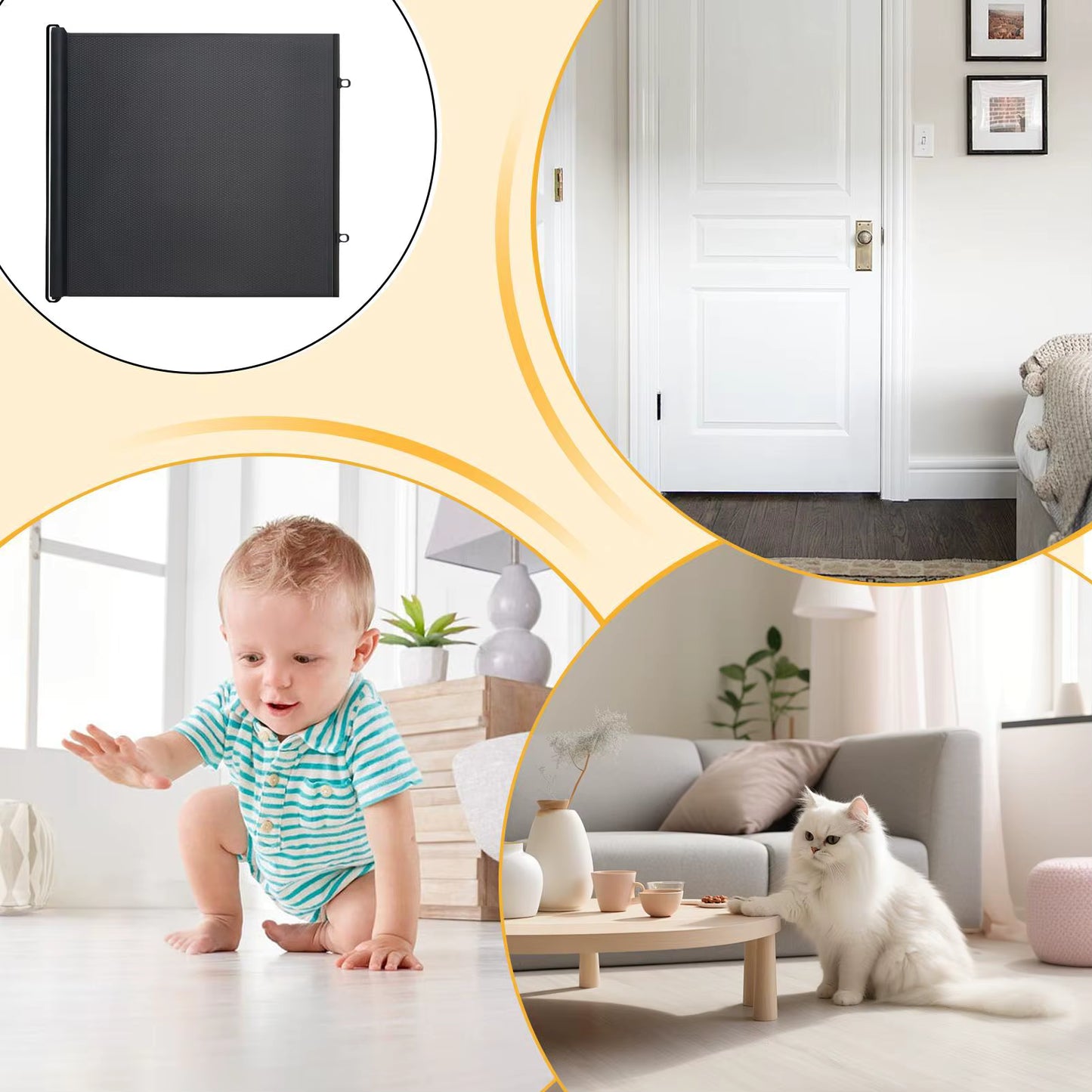 Retractable dog gate used to create a safe home environment for babies and pets