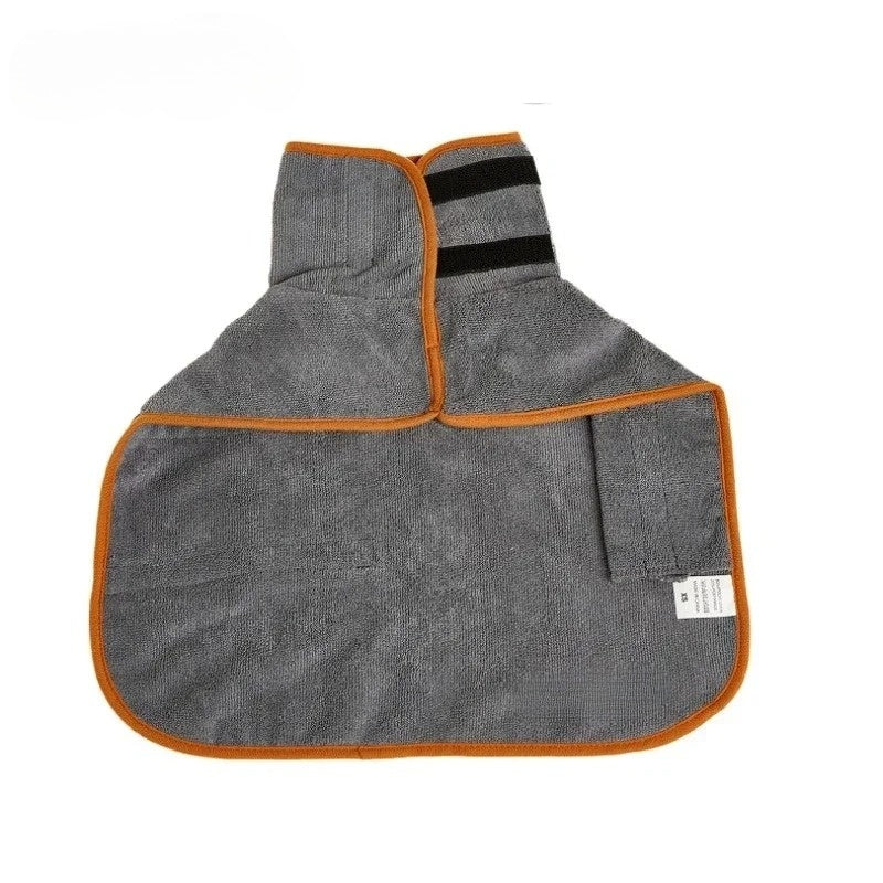 Flat lay of a super absorbent microfiber dog bathrobe showing full coverage and wrap design
