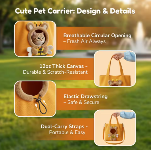 Pet carrier bag showing breathable circular opening, thick canvas fabric, elastic drawstring closure, and dual carry straps