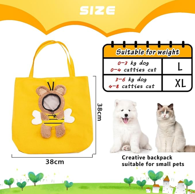 Size chart of pet carrier bag showing dimensions and recommended weight for small dogs and cats in size L and XL
