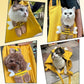 Collage of cats and dogs wearing yellow raincoats with bone-shaped straps.