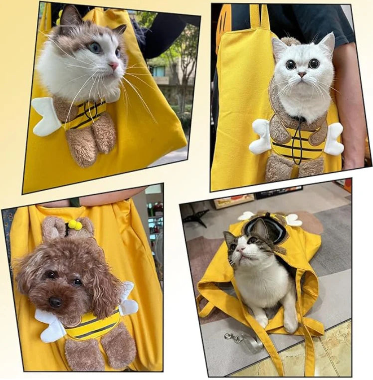 Collage of cats and dogs wearing yellow raincoats with bone-shaped straps.