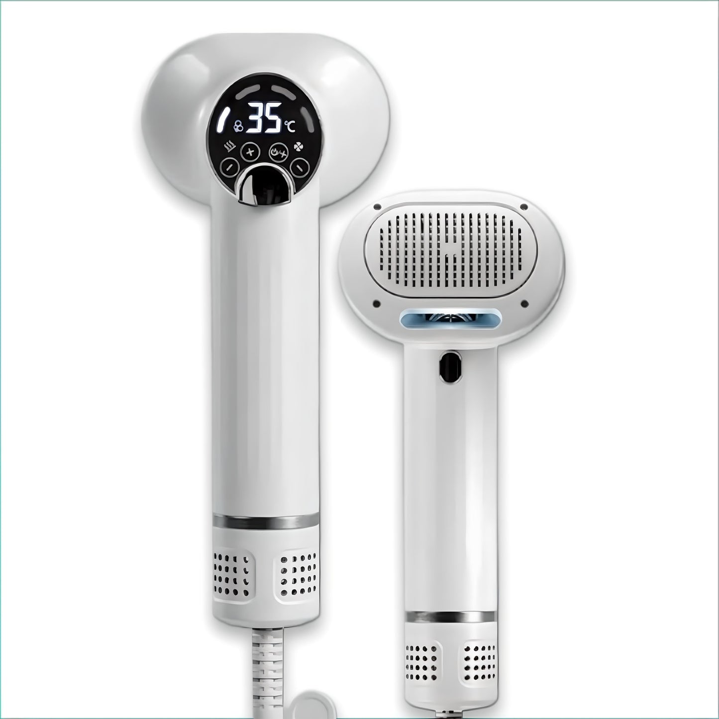White 2-in-1 pet hair dryer and grooming comb with constant temperature and LED display.