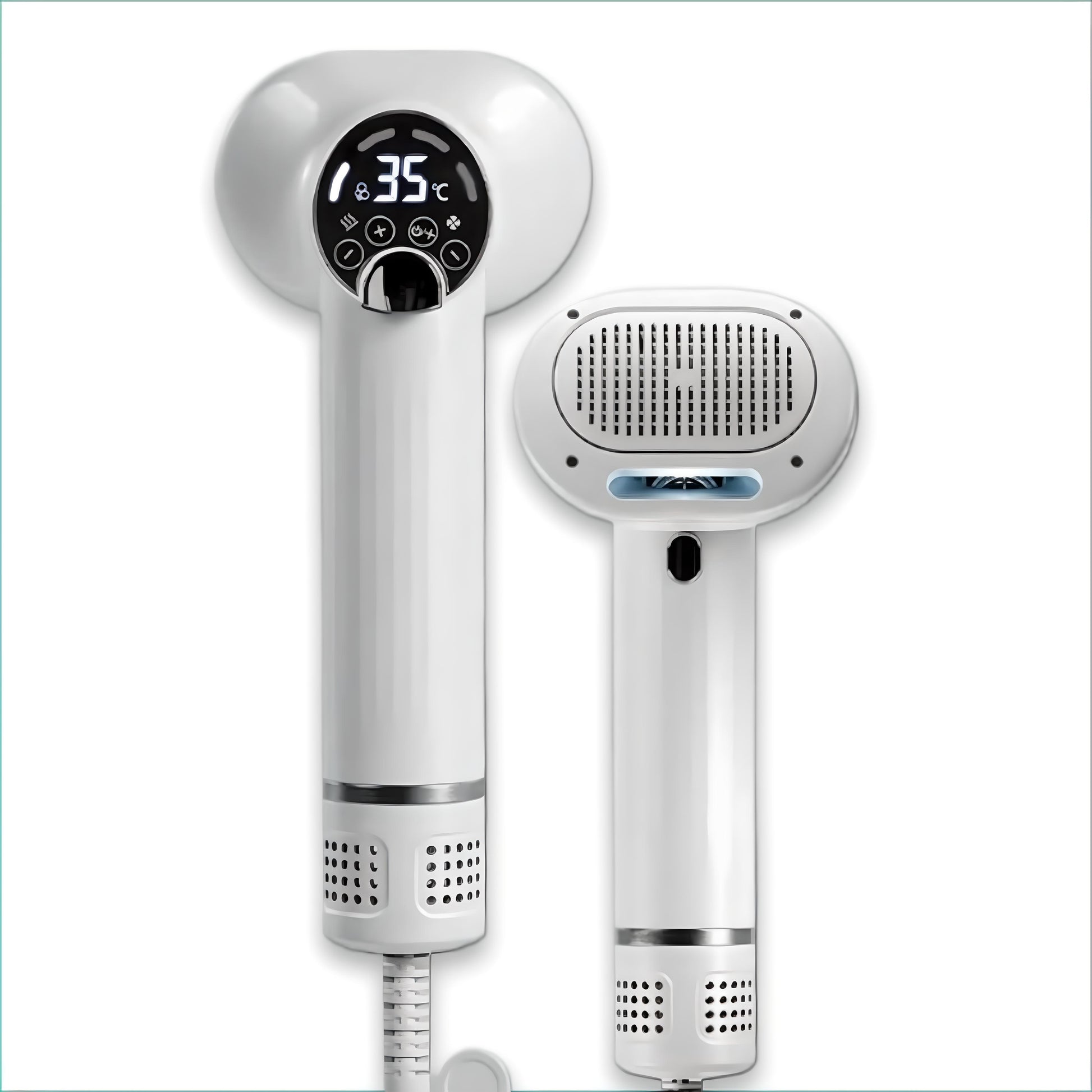 White 2-in-1 pet hair dryer and grooming comb with constant temperature and LED display.