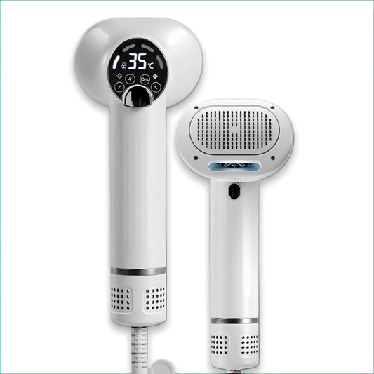 White 2-in-1 pet hair dryer and grooming comb with constant temperature and LED display.