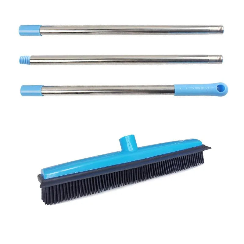 Pet hair removal mop showing stainless steel handle sections and rubber brush head