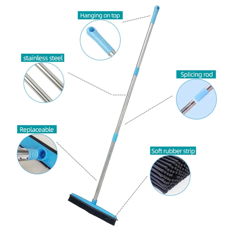 Pet hair removal mop with stainless steel handle, soft rubber strip, replaceable head, and hanging loop